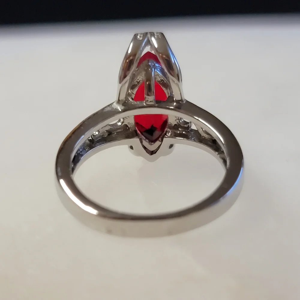 Faux Ruby Marquise Cocktail Ring Silver Tone